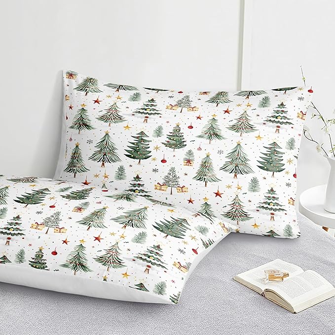 Bedorm Christmas Tree Comforter Queen Merry Xmas Bedding Set Green Xmas Tree Yellow Reds Balls Stars Holiday Decor Green White Quilt Comforter Set