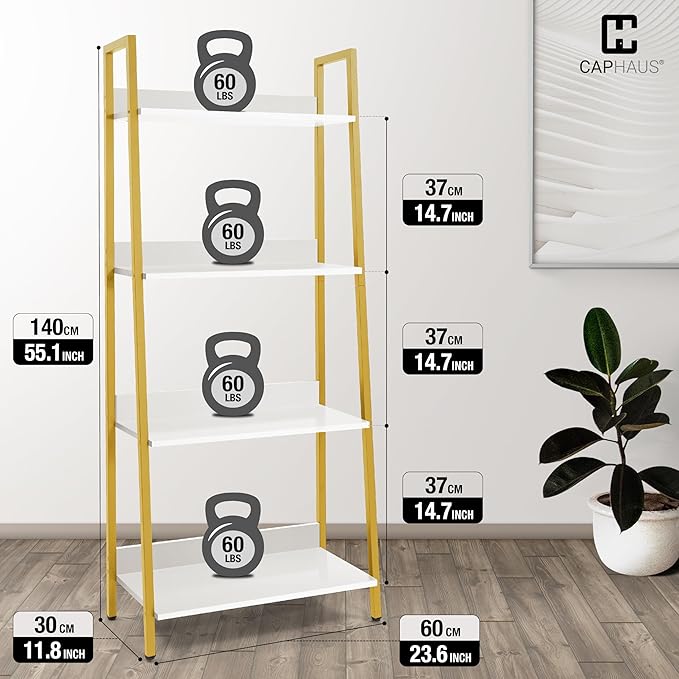 CAPHAUS 4 Tier Ladder Bookshelf, 24 Inch Width Free Standing Shelf, Bookcase Shelf Storage Rack Organizer, Industrial Book Shelves for Home Office, Living Room, Kitchen, White Shelves & Gold Frame