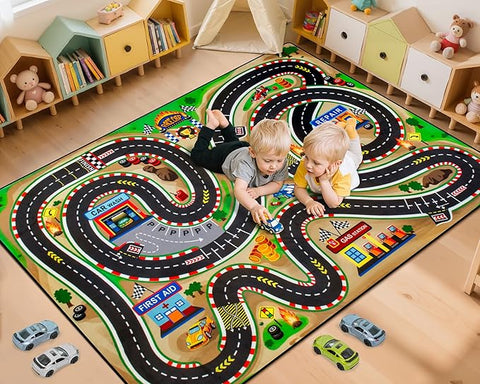 Kids Rug, Race Track Baby Play Mats, 5' x 7' FT Kids Rug for Playroom,Extra Thick (0.4in) Realistic 3D Cascading Surround Route, Great for Playing with Cars and Toys, Non-Slip Car Carpet