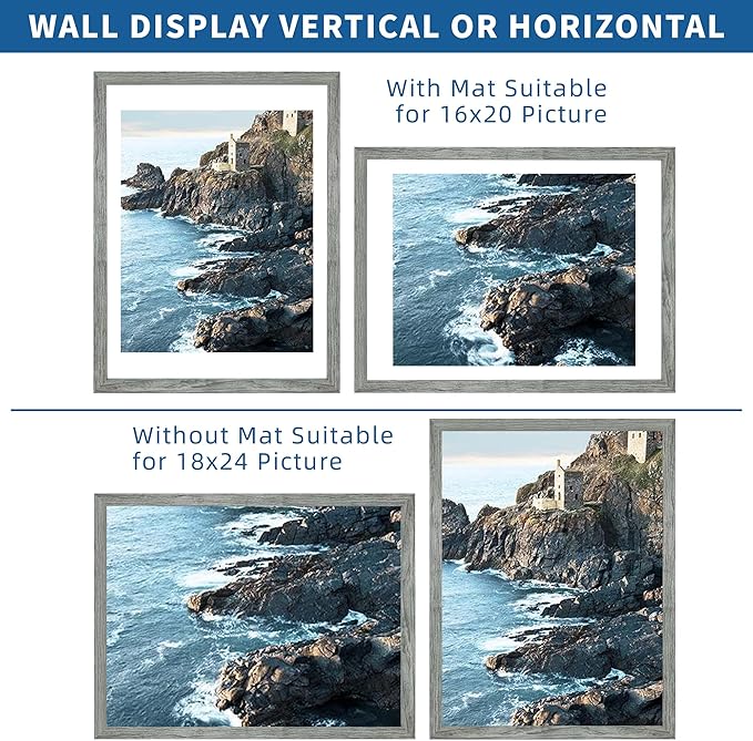18x24 Frame Set of 2, Rustic Grey Wood Style - Display 18 x 24 Poster without Mat or 16x20 Picture with Mat, Wall Mounting Horizontal and Vertical