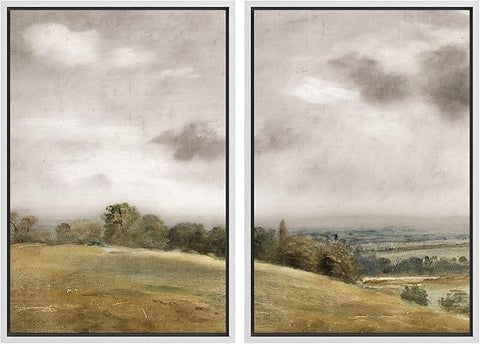 MUDECOR Framed Canvas Print Wall Art Gentle Hills and Distant Storm Tranquil Pastoral Nature Wilderness Illustrations Realism Decorative Scenic for Living Room, Bedroom, Office - 16"x24"x2 White
