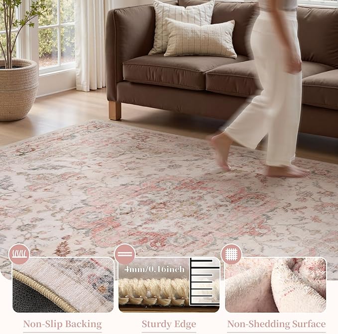 PADOOR-Vintage Runner Rug 2X10 Runners for Hallways-Soft Pink Washable Bedside Rugs for Bedroom-Non Slip Long Rug for Hallways Entryway Laundry Room Stair Kitchen Bathroom