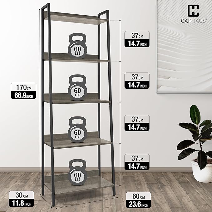 CAPHAUS 5 Tier Ladder Bookshelf, 24 Inch Width Free Standing Shelf, Bookcase Shelf Storage Rack Organizer, Industrial Book Shelves for Home Office, Living Room, Kitchen, Dark Grey, Vintage Shelves