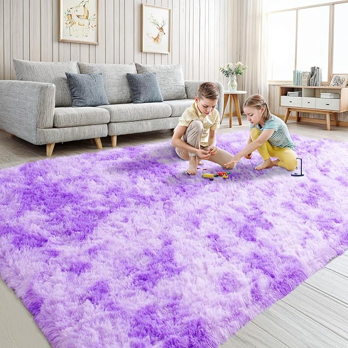 Purple 5x7 Fluffy Area Rug for Kids Playroom, Nursery Room Living Room