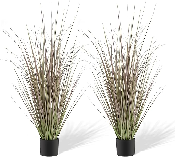 KOL 4FT 2-Pack Artificial Onion Grasses, 47.2’’ Indoor Outdoor Fake Grass Plant, Home Office Wedding Decoration, Faux Greenery Plants & Flowers in Pot, UV Resistant, Housewarming Gift, Purple