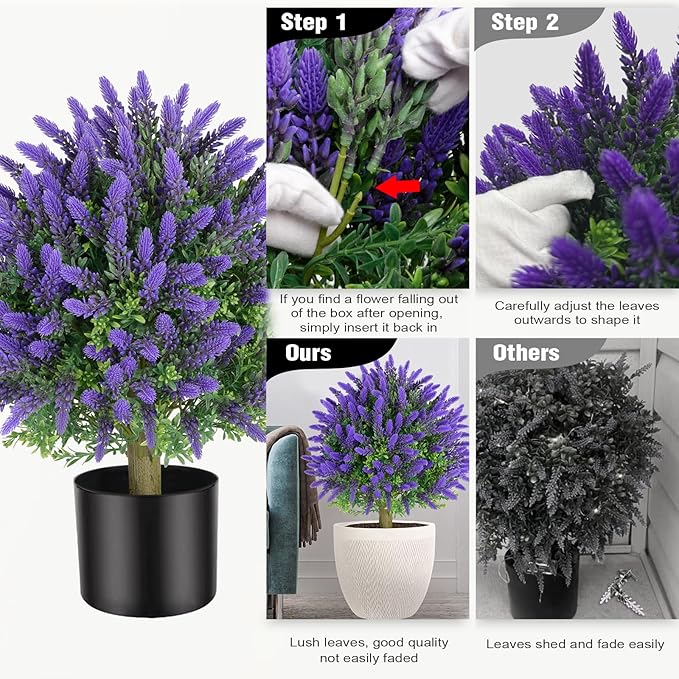 Artificial Topiaries Lavender Ball Trees 2 Pack - 21.6 Inch Tall Faux Plants Indoor Potted Bushes - Faux Boxwoods Plants for Outdoor Indoor Garden Front Porch Home