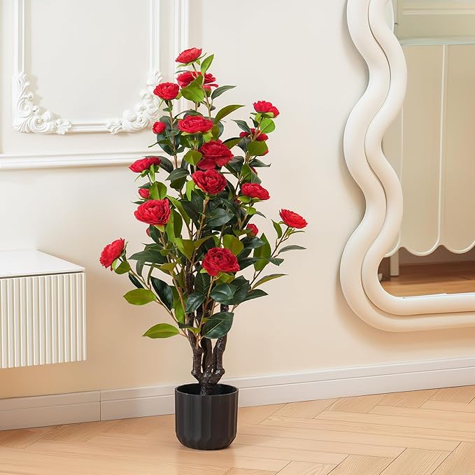 3.2FT Artificial Camellia Trees, Red Silk Flowers, Indoor Faux Plants with Realistic Trunk in Black Cement Pots for Home House Living Room Bedroom Office Decor, 2pcs