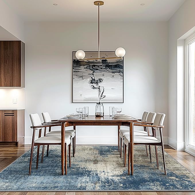 GENIMO Washable Area Rugs for Living Room Bedroom, 9x12 Modern Abstract Non Slip Rug, Low Pile Soft Contemporary Indoor Floor Carpet Cover for Dinning Room Kitchen, Slate Blue