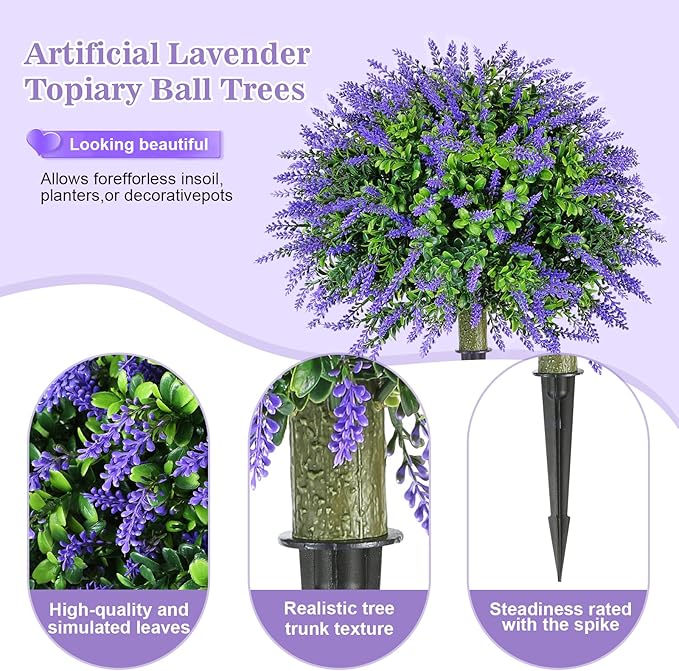 20" Artificial Lavender Boxwood Topiary Ball Trees for Outdoors with Ground Spike,Set of 2 UV Resistant Artificial Shrub Bushes,Artificial Plants,Fake Plants for Front Porch ,Garden,Yard,Patio Décor