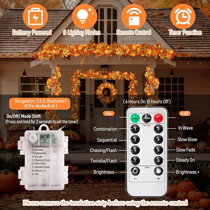 VIHOSE 2 Pack Thanksgiving Maple Leaves Garland Fall Decor 11.5 ft 40 LED with Pumpkin Lights Battery Operated and Timer Remote for Home Thanksgiving Halloween Decor(Orange Green)