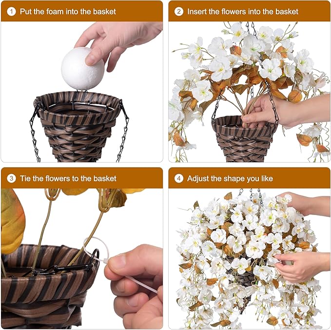 Ivydale Artificial Fall Hanging Flowers with Basket for Outdoors, Fake Hibiscus Vines Faux Hanging Plants UV Resistant Realistic Silk Flowers for Outside Planters Home Patio Porch Balcony, Fall White