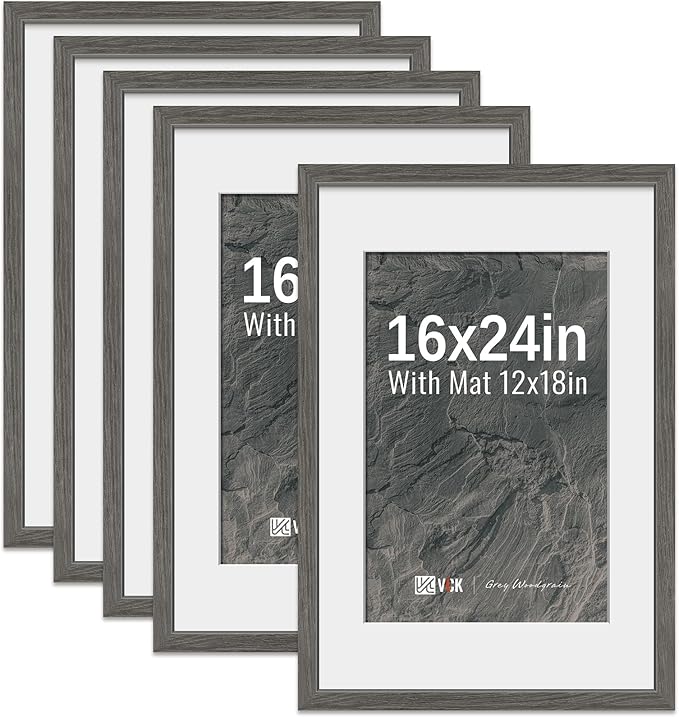VCK 16x24 Poster Frame 5 Pack - Grey, High-End Wood Picture Frames with Polished Plexiglass, Display 12x18 Photo with Mat or 16x24 without Mat, Art Gallery-Quality, Wall Hanging, Grey