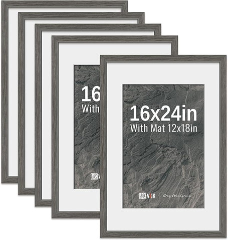 VCK 16x24 Poster Frame 5 Pack - Grey, High-End Wood Picture Frames with Polished Plexiglass, Display 12x18 Photo with Mat or 16x24 without Mat, Art Gallery-Quality, Wall Hanging, Grey