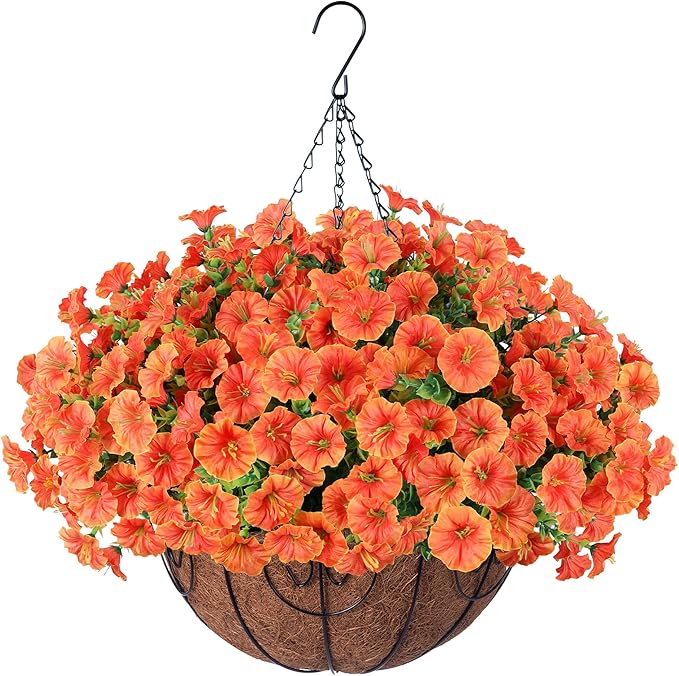 Artificial Fall Hanging Flower Plants Basket for Outdoors, Fake Flowers 12 Bundles Faux Silk Morning Glory for Planter Realistic UV Resistant Artificial Flowers for Outside Porch Garden Patio, Orange