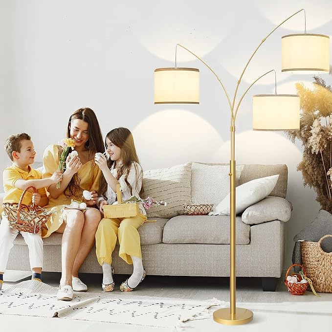 3 Lights Arc Floor Lamps for Living Room,Gold Modern Tall Standing Lamp Hanging Over The Couch with Shades & Heavy Base,Mid Century Black Tree Floor Lamp for Bedroom Office