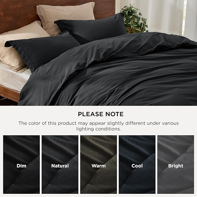 Bedsure 100% Washed Cotton Duvet Cover King Size - Black Minimalist Cotton Duvet Cover Linen Like for All Seasons - GentleSoft™ Plain Simple Bedding, 3 Pieces (Black, King, 104"x90")
