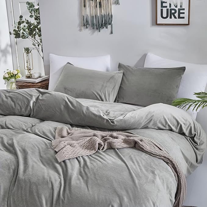 Luxlovery Grey Velvet Comforter Twin Plush Fluffy Bedding Set for Women Men Adults Teens