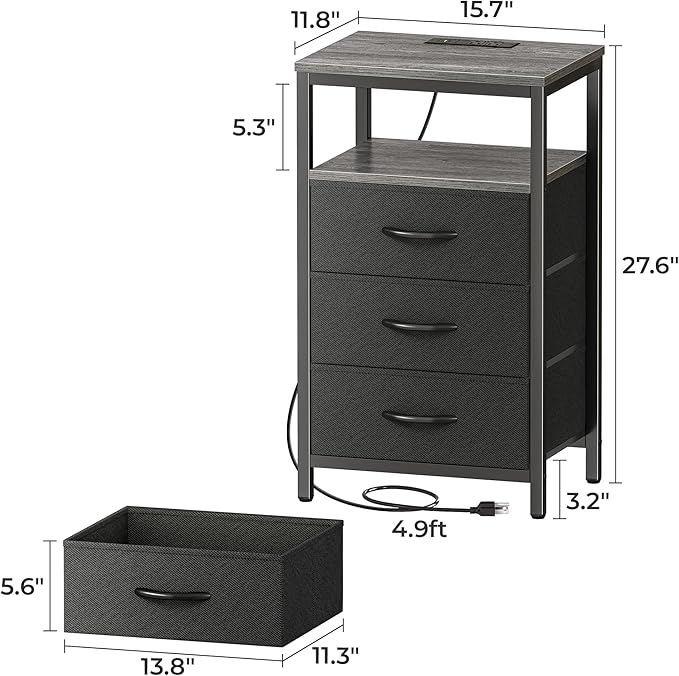 Huuger Nightstands Set of 2, 27.6 Inch End Tables with Charging Station, Fabric Drawers, Bedside Tables with USB Port and Outlet, Night Stands for Bedroom, Charcoal Gray