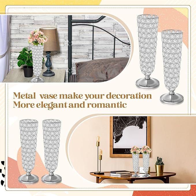 Rtteri 4 Pcs 12 Inch Tall Crystal Vase for Centerpieces Wedding Metal Crystal Trumpet Flower Vase Stand for Table Floor Wedding Party Favor Banquet Celebration, Classic Elegance(Silver)