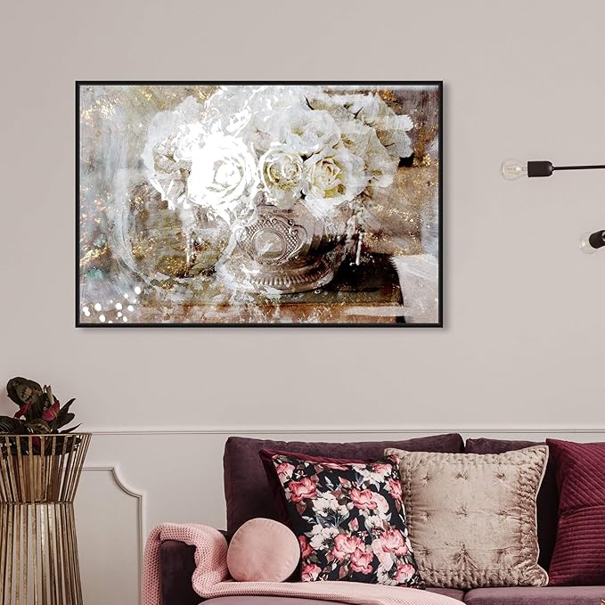 The Oliver Gal Artist Co. Floral and Botanical Framed Wall Art Canvas Prints 'Serving Roses' Florals, White, Gold, 36" x 24"