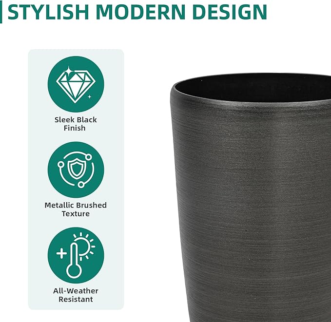 22.8" Large Tall Pot Planters, Set of 2 Modern Flower Pots with Handmade Brushed Metal Finish, Weather-Resistant for Indoor/Outdoor Year-Round Use