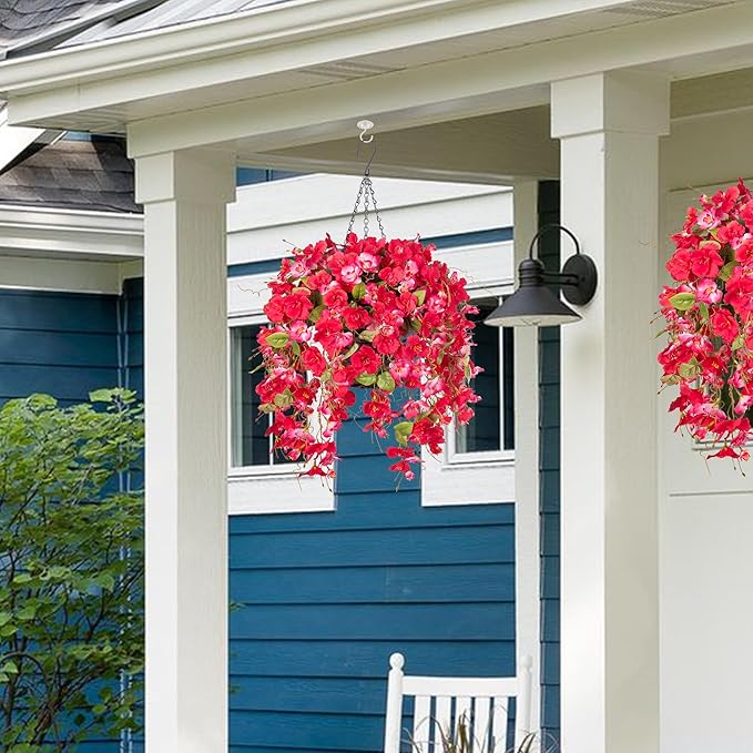 Artificial Fake Hanging Hibiscus Flower Baskets for Outdoor Decoration, Faux Silk Hibiscus Long Vines in Planter UV Resistant Realistic Flowers for Outside Porch Patio Home Decor, RedPink