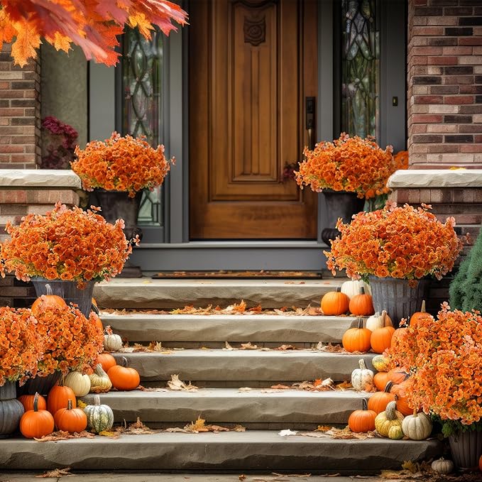 Zeyune 56 Bundles Fall Artificial Flowers Outdoors Fake Autumn Orange Plastic Plants Faux UV Resistant Shrubs Greenery for Thanksgiving Outdoor Indoor Garden Porch Window Box Hanging Decor