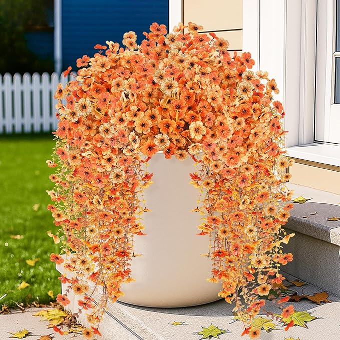 4PCS Fall Artificial Hanging Flowers Plants for Outdoors, 4Pcs Faux Silk Flowers with Eucalyptus Leaves, Fake Fall Flowers for Autumn Home Patio Porch Outside Decor (Orange Yellow)