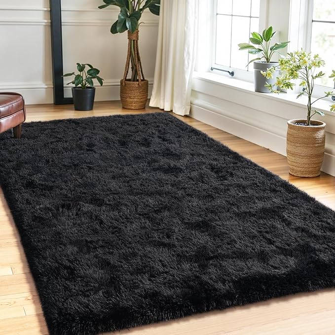 Small Bedside Rug, 3x5 Non Slip Fluffy Shaggy Entryway Throw Rugs for Bedroom Living Room, Indoor Floor Carpet for Kids Girls and Boys, Nursery Rooms Mat, Home Decor Aesthetic, Black