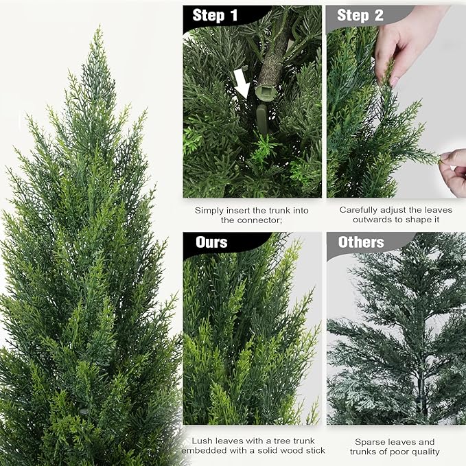 Artificial Topiary Cedar Trees 4FT Tall 2 Set, Outdoor Indoor Faux Pine Shrubs Plants, Realistic Fake Plants Front Porch Decor, Artificial Bushes Cypress for Home Front Door Offices