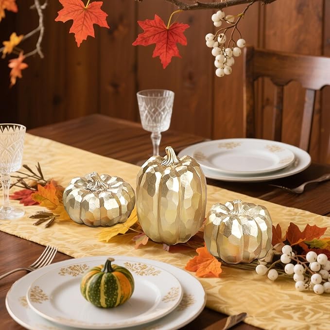 winemana 3 Pack Gold Pumpkins for Decorating – Fall & Thanksgiving Decorations for Home, Table, Fireplace Mantel, Office, Elegant Decorative Pumpkin Autumn Indoor Decor