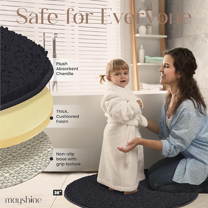 MAYSHINE Round Area Rug Set for Bathroom | Soft Plush Chenille Bath Mat, Water Absorbent Non-Slip Bathroom Rug | Washable Shag Carpet for Shower, Bedroom, or Home Décor | 36"x36" (Round) | Black