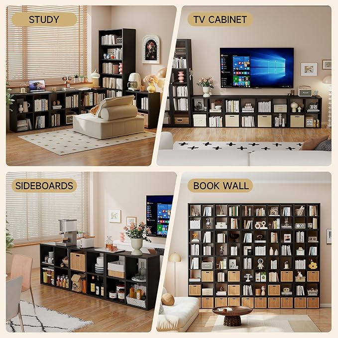 Heavy Duty Metal 4-Cube Storage Organizer, Modern Black Bookcase & Display Shelf, Multi-Functional for Home Office, Living Room as TV Stand, Cabinet, Space-Saving, Easy Assembly
