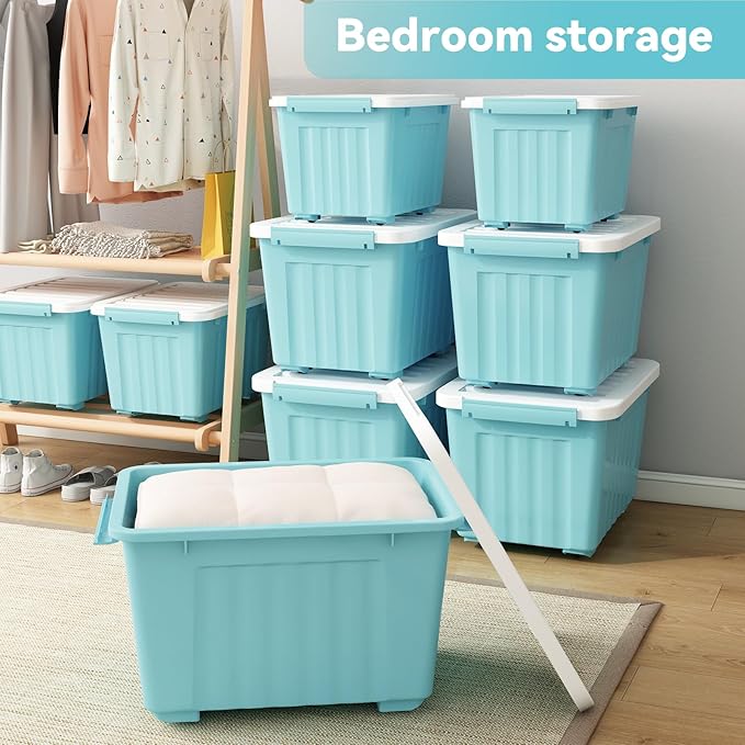 Nazhura 97 Quart Plastic Storage Bin, Blue Stackable and Nestable Storage Boxes with White Lids and Secure Latching Buckles, Large Storage Container, 97 Qt-4 Pack (Blue, 97Quart-4Pack)