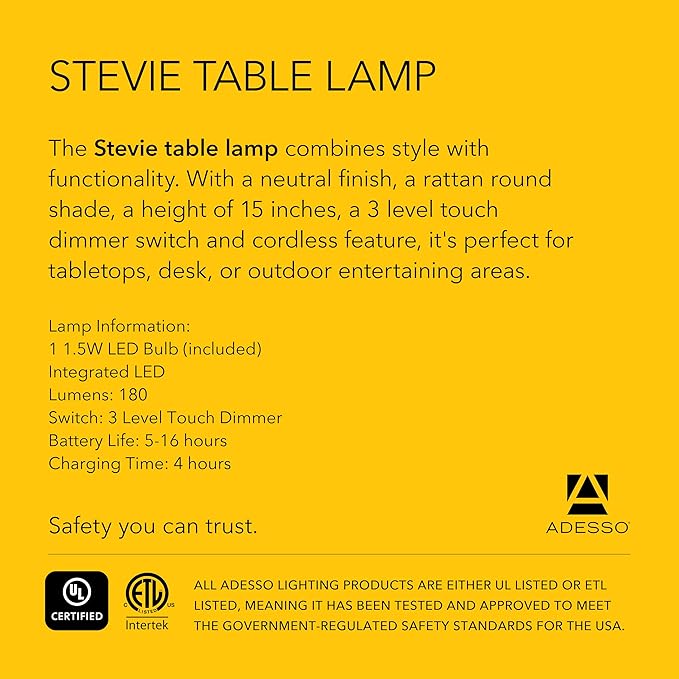 Adesso Cordless Table Lamp with 3-Level Touch Dimmer & Built-in Rechargeable Battery – 15" Tall Touch Lamp, Black Finish