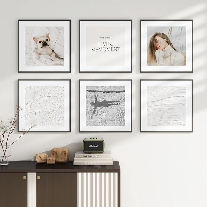 16x16 inch Metal Picture Frame - Thin Aluminum Square Photo Frames with 12x12 Removable Mat - High Definition Plexiglass - Vertical and Horizontal Display - Wall Hook Hanging Hardware Included - Black, Set of 1