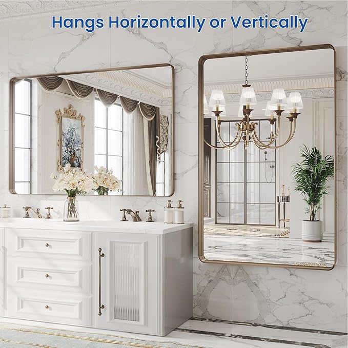 WEER 48x32 Inch Bronze Bathroom Mirror for Vanity, Brushed Bronze Metal Frame Mirror for Wall, Rounded Rectangle Bronze Frame Mirror with Tempered Glass, Anti-Rust (Horizontal/Vertical)