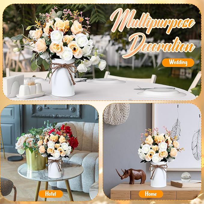 Domensi 6 Sets Wedding Centerpiece for Table Artificial Rose with Vase Fake Bouquets and Metal Pot Floral Arrangements for Holiday Party Event Table Decor (Champagne)