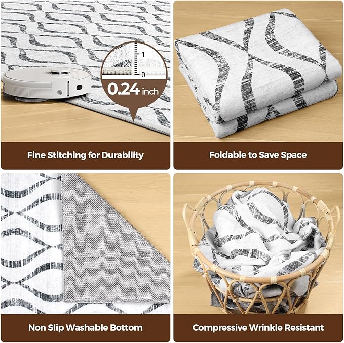 WITSHOCK 9x12 Area Rugs: Washable Non-Slip Geometric Boho Print Pattern Large Thin Indoor Rug for Living Room Bedroom Under Dining Table, Carpet for Nursery Playroom Decor, Kid & Pet Friendly, Grey