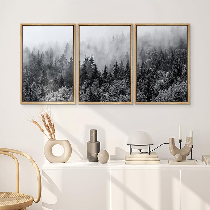 SIGNWIN Framed Canvas Print Wall Art Set Black & White Misty Mountain Forest Nature Wilderness Photography Modern Art Chic Landscape Relax/Calm for Living Room, Bedroom, Office - 16"x24"x3 Natural
