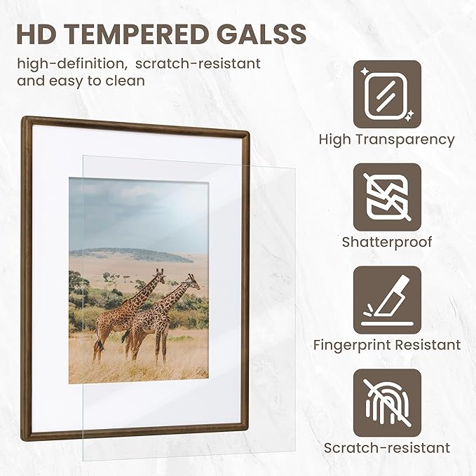 12x16 Picture Frame - Solid Walnut Wood Picture Frames with HD Tempered Glass, Handcrafted Rounded Corner 12 x 16 Wooden Frame Matted to 8.5x11 Photos, Horizontal or Vertical Wall Display, 1 Pack