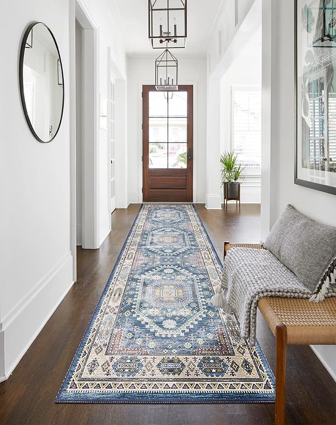 vivorug Blue Runner Rug 2'x7' Vintage Washable Non-Slip Runners for Hallways Kitchen Entryway Laundry Room Carpet Hallway Runner