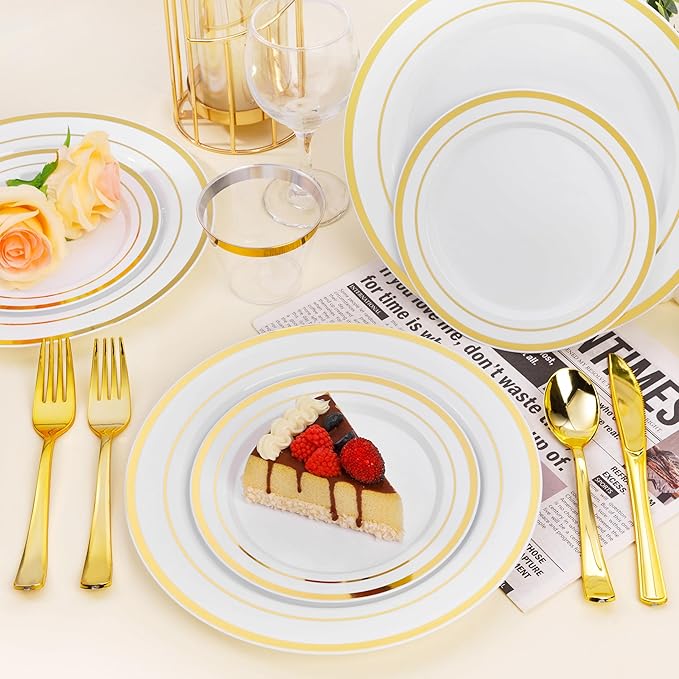 100PCS White Plastic Plates for Party, 7 Inch Heavy Duty Dinner Plates with Gold Rim, Disposable Plates for Wedding and Birthday