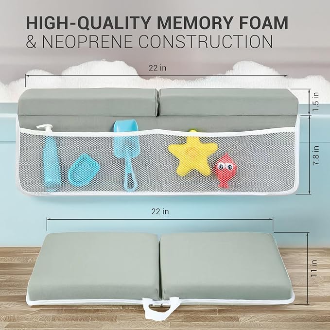 colsen Baby Bath Kneeler and Elbow Kneeling Rest Pad Set – Comfortable, 1.5” Thick, Painless, Non-Slip, Foldable Mat for Bathing Parents, with Toy Organizer for Babies and Toddlers - Grey