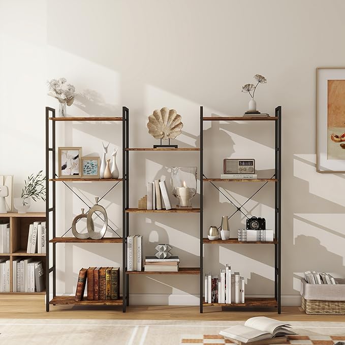 Panana Triple 4/5/6 Tier Bookshelf, Industrial Bookcase with 11/14/17 Open Display Shelves Wide Book Shelf Book Case with Metal Frame for Living Room Home Office (Brown, 4 Tier)
