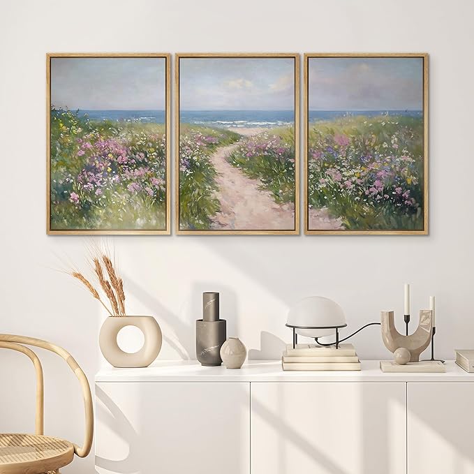 SIGNWIN Framed Canvas Print Wall Art Set Path to The Sea Coastal Floral Landscape Illustrations Modern Art Decorative Rustic Calm/Zen for Living Room, Bedroom, Office - 24"x36"x3 Natural