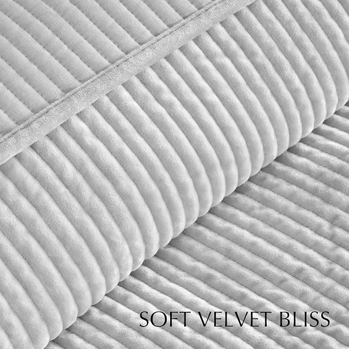 EVERGRACE Velvet Quilt Set King Size, Luxurious Soft Quilted Bedding Sets, Lightweight Velvet Comforter for All Season, Striped Channel Bedspread Coverlet with 2 Shams, Frost Gray