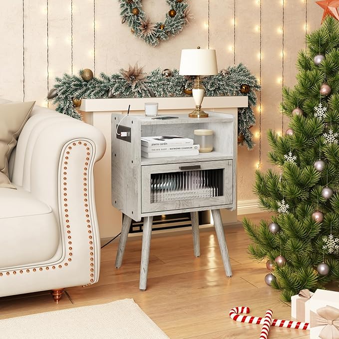 SOOWERY Mid Century Modern Nightstand with Charging Station, Bedside Tables with Acrylic Drawer, End Table Side Table with 2 Tiers Storage Space, for Bedroom, Living Room, Light Grey