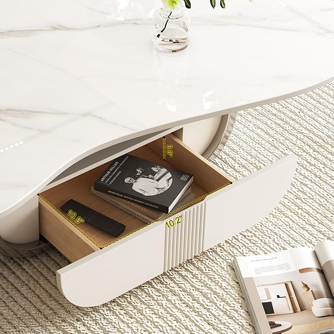 41.7" Marble Coffee Table with Storage Shelf & Drawer, Modern White Silver Coffee Tables for Living Room,Sturdy Stainless Steel Base, Sintered Stone Tabletop, Irregular Tea Cocktail Center Table