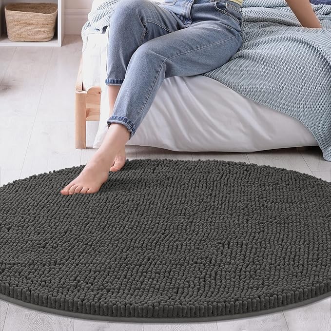 MAYSHINE Round Area Rug Set for Bathroom | Soft Plush Chenille Bath Mat, Water Absorbent Non-Slip Bathroom Rug | Washable Shag Carpet, Bedroom, or Home Décor | 36"x36" (Round) | Charcoal Gray